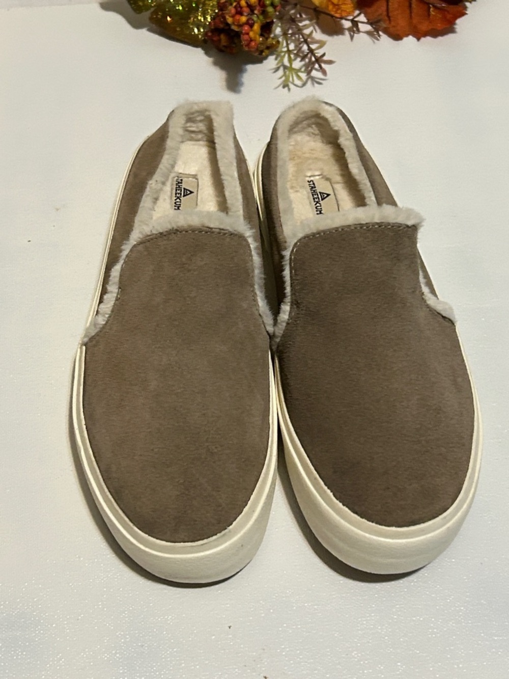 Faux-Shearling Slip-On Loafers in Taupe Suede
